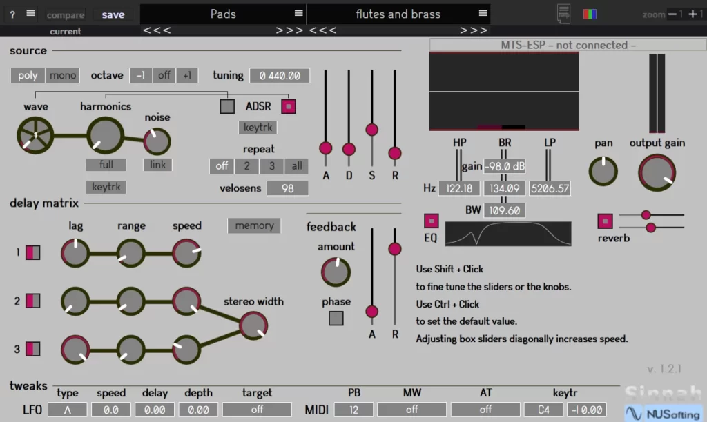 Sinnah VST's most interesting feature is it's delay matrix which can be used to create a triple chorus effect and as random resonators.